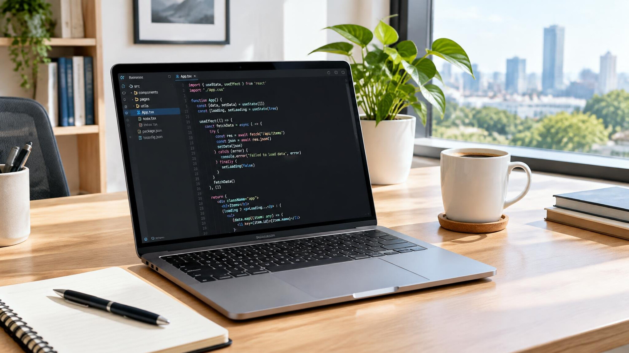 Laptop with code on a desk in a modern office